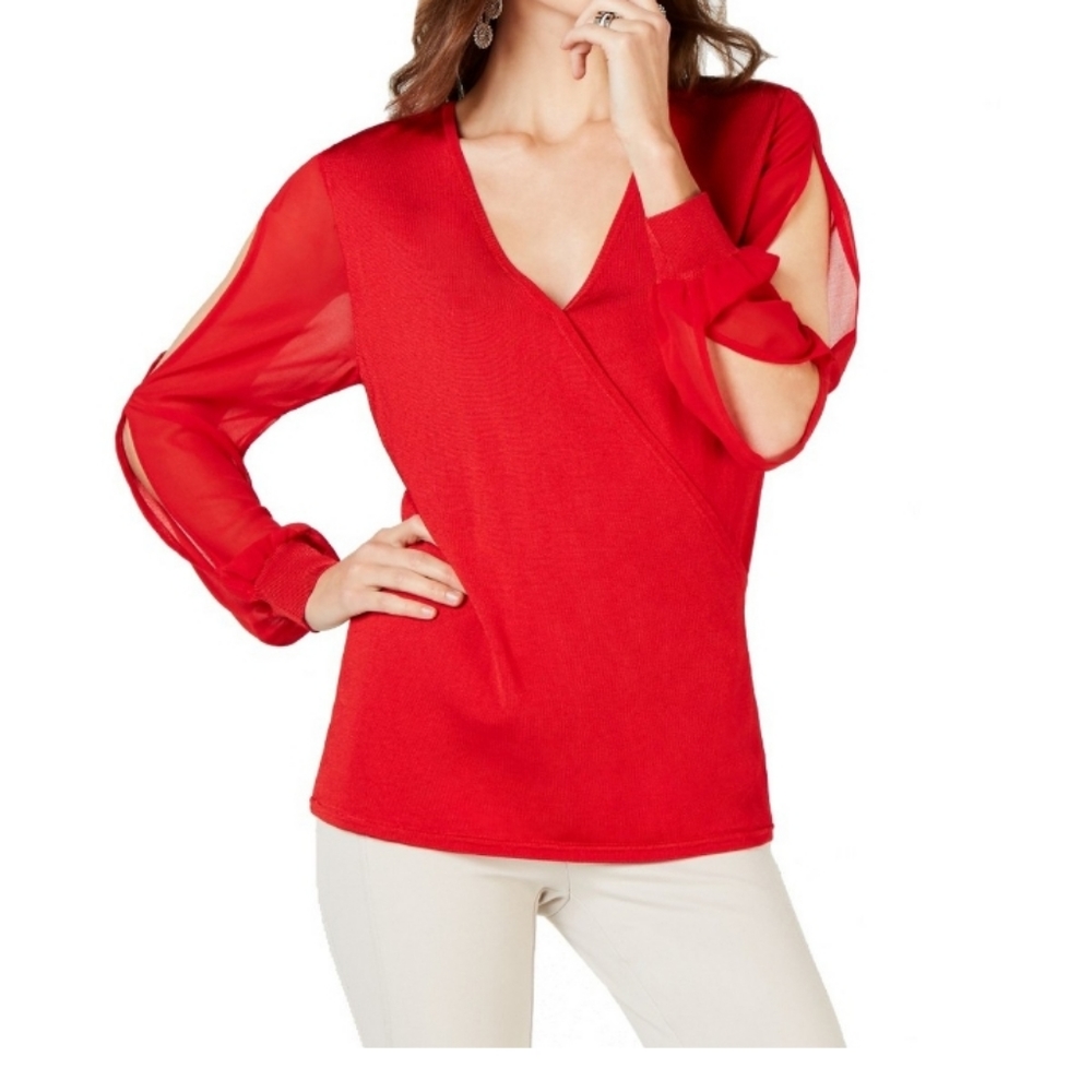 INC International Concept  Top Size M Illusion Long Sleeve Real Red